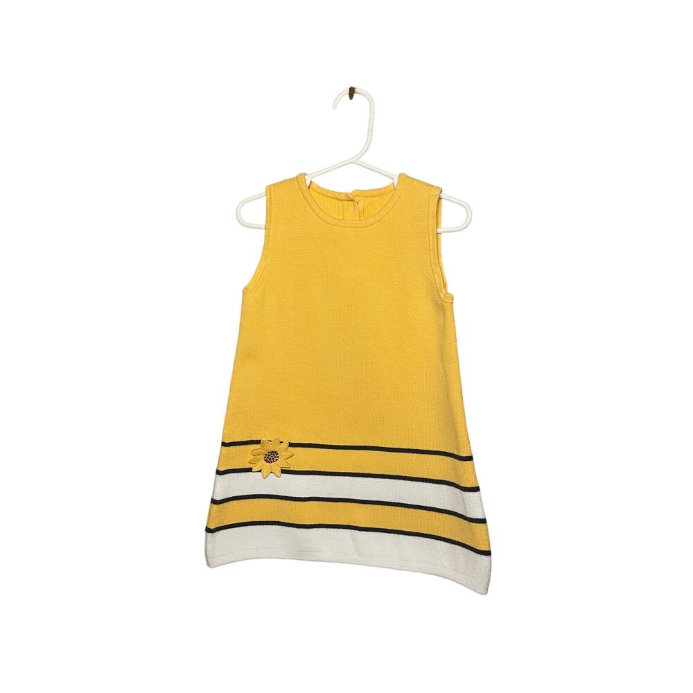 Vintage Y2K 2003 Gymboree Pastel Yellow Striped Knit Dress w/ Sunflower Applique